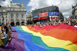 <b class=qtipBold><figcaption>London Pride</figcaption></b><br>Rainbow flag at Piccadilly Circus at Gay Pride Parade London<br><em>© Paul Brown</em> London Pride