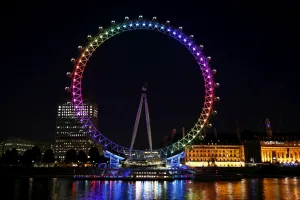 Millennium Wheel in London, England, illuminated in rainbow lights to celebrate gay Pride in London