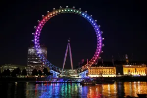 Millennium Wheel in London, England, illuminated in rainbow lights to celebrate gay Pride in London