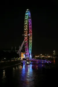 Millennium Wheel in London, England, illuminated in rainbow lights to celebrate gay Pride in London